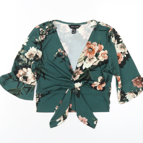 New Look Womens Green Floral Polyester Cropped T-Shirt Size 8 V-Neck