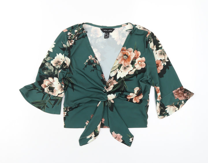 New Look Womens Green Floral Polyester Cropped T-Shirt Size 8 V-Neck