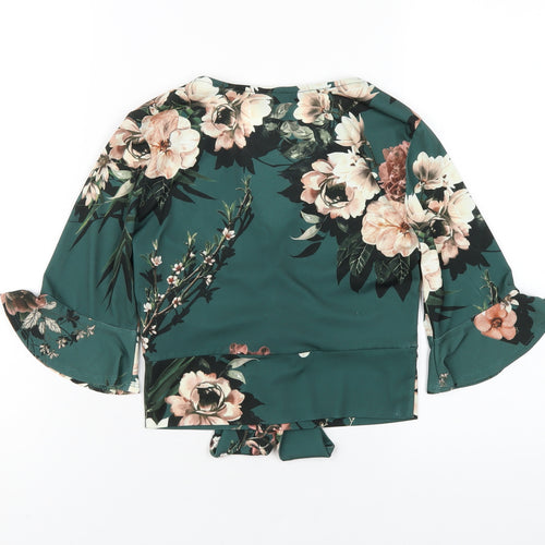New Look Womens Green Floral Polyester Cropped T-Shirt Size 8 V-Neck