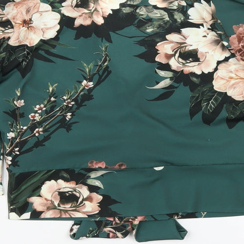 New Look Womens Green Floral Polyester Cropped T-Shirt Size 8 V-Neck
