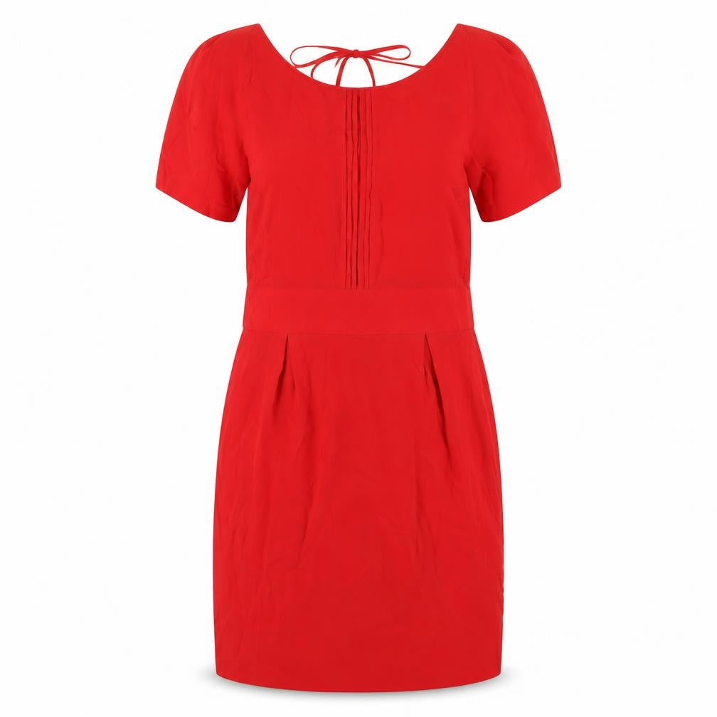 Front view of ASOS women’s red polyester a-line, size UK 12, scoop neck zip