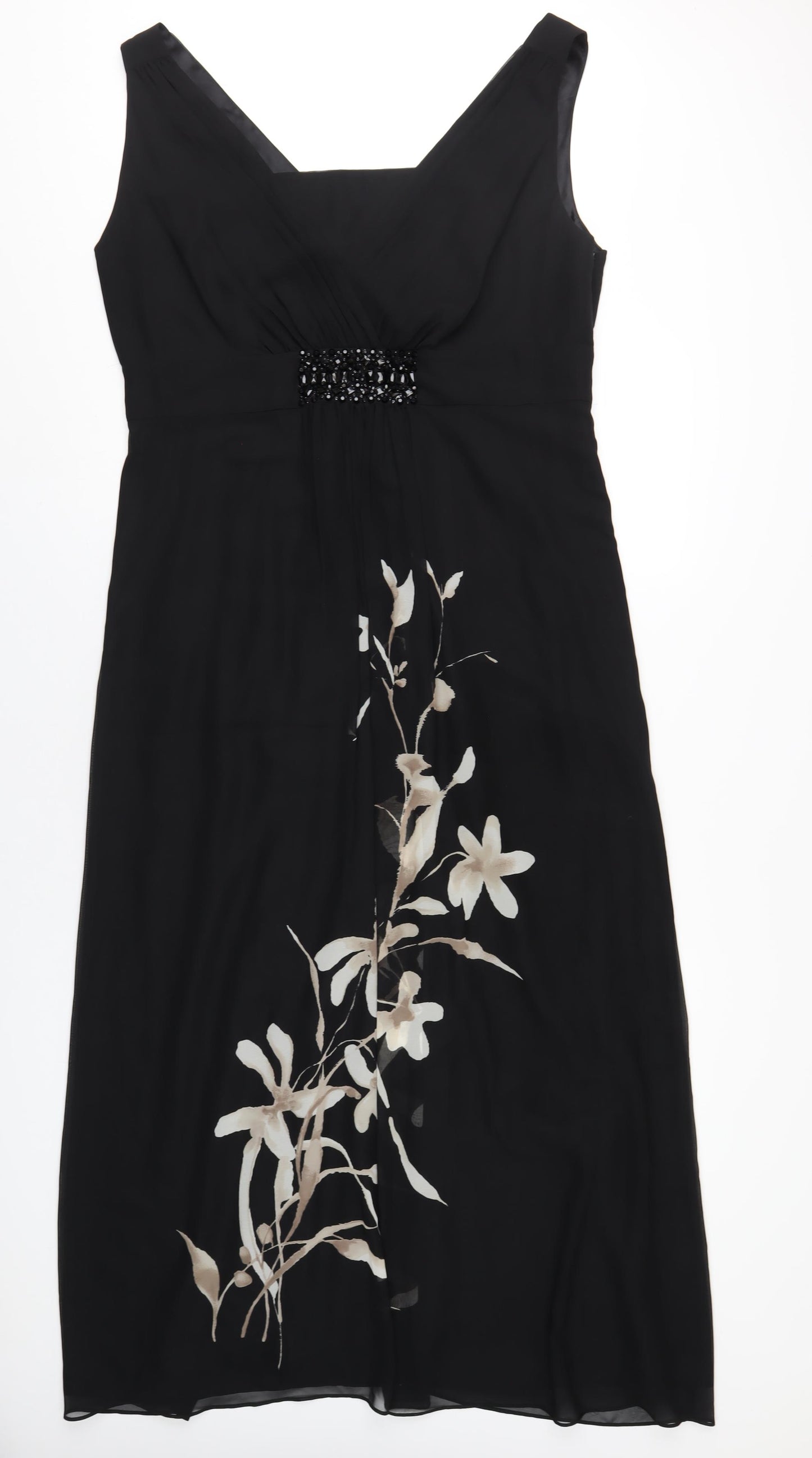 Jacques Vert Womens Black Floral Polyester A-Line Size 20 V-Neck Zip