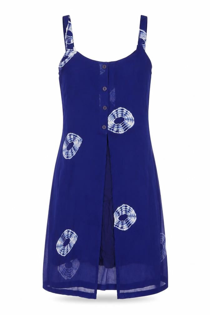 Front view of Modern Classic women’s blue geometric polyester a-line, size UK 10, v-neck pullover