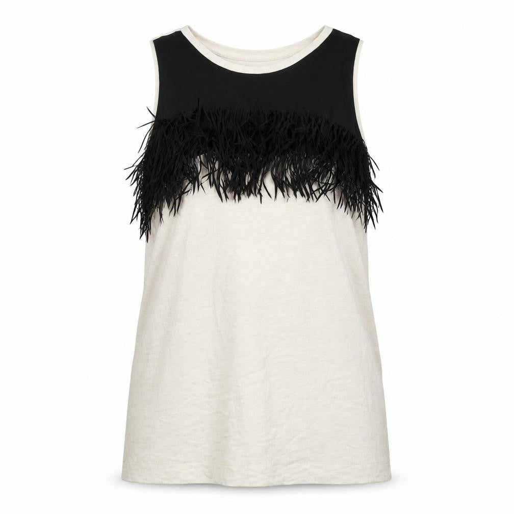 Front view of PINKO women’s ivory linen basic tank, size M, round neck