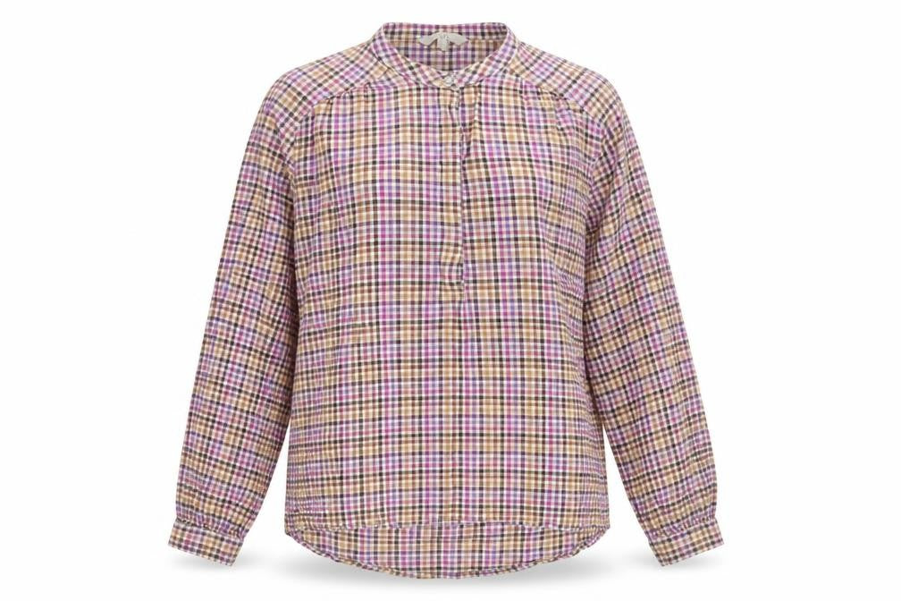 Front view of Next women’s multicoloured check viscose basic t-shirt, size UK 8, round neck