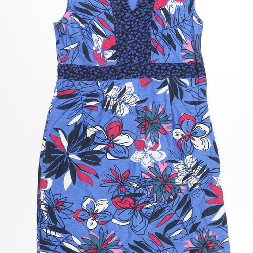 Maine Womens Blue Floral Cotton A-Line Size 10 V-Neck Pullover