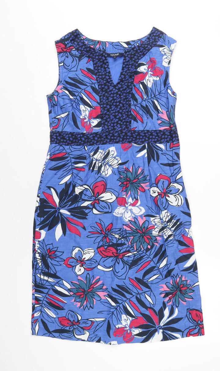 Maine Womens Blue Floral Cotton A-Line Size 10 V-Neck Pullover