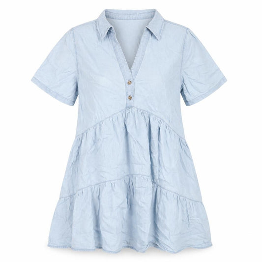 Front view of Stradivarius women’s blue cotton a-line, size L, v-neck pullover