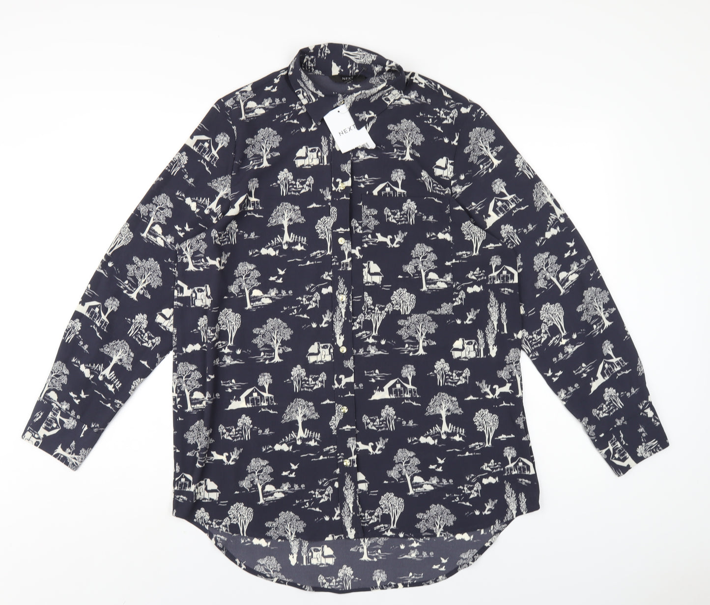 NEXT Womens Grey Geometric Polyester Basic Button-Up Size 8 Collared