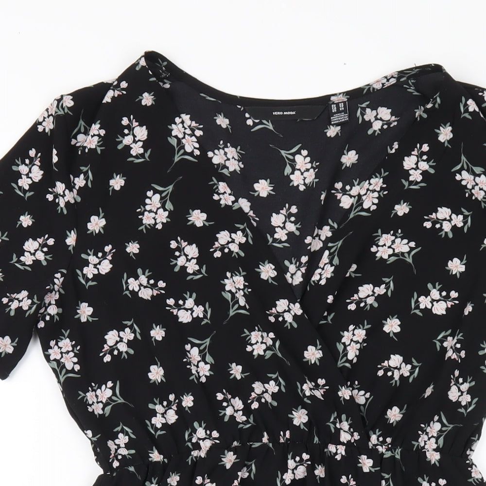 VERO MODA Womens Black Floral Polyester A-Line Size XS V-Neck Pullover