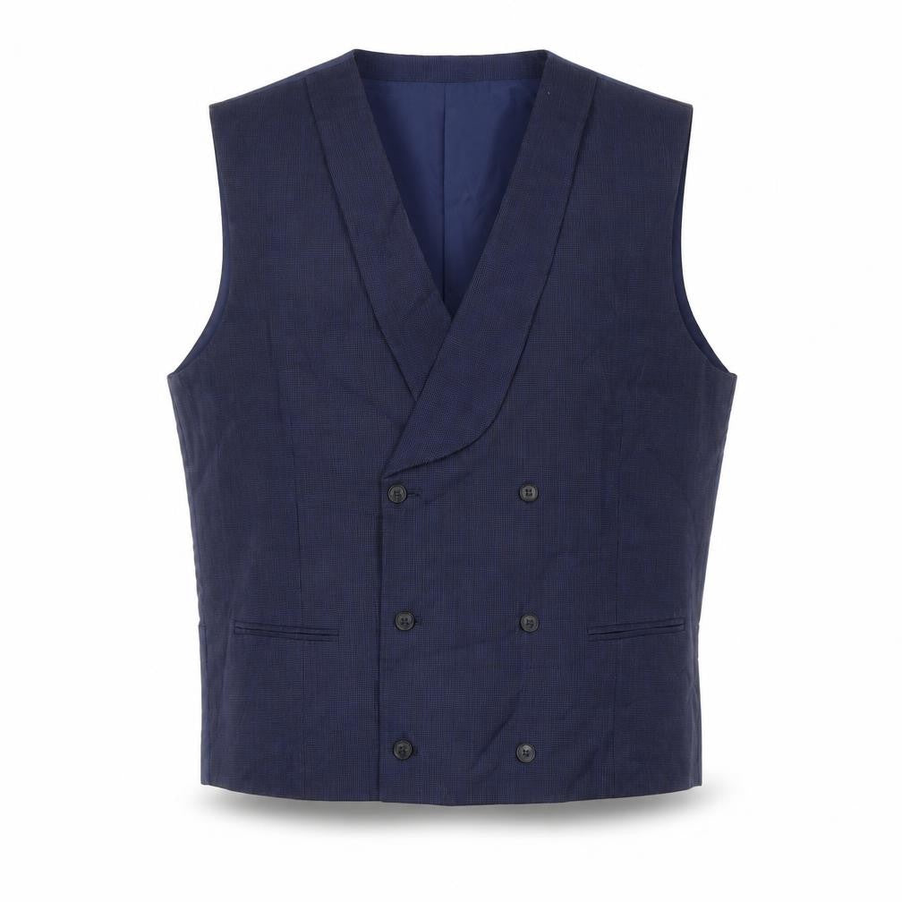 Front view of 1904 men’s blue wool jacket suit waistcoat, size XL, regular