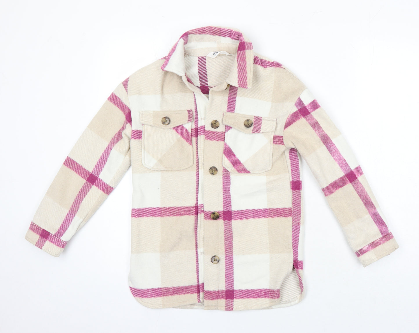 H&M Girls Ivory Check Polyester Basic Button-Up Size 8-9 Years Collared