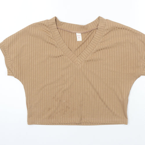 ROMWE Womens Brown Herringbone Polyester Cropped T-Shirt Size XS Sweetheart