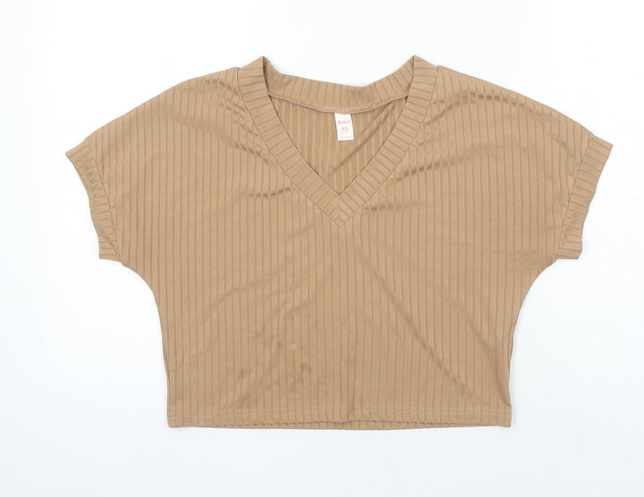 ROMWE Womens Brown Herringbone Polyester Cropped T-Shirt Size XS Sweetheart