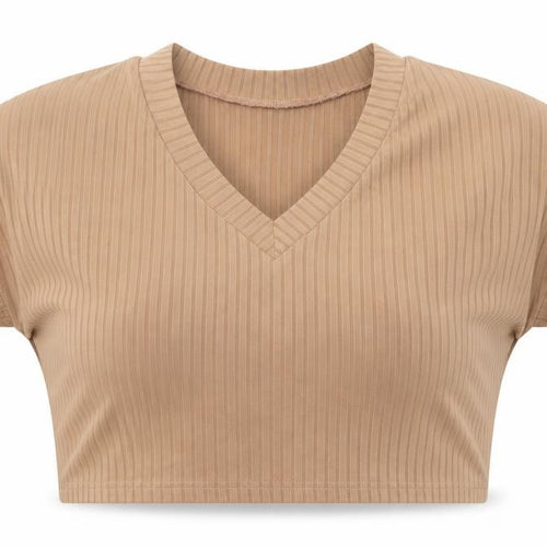 ROMWE Womens Brown Herringbone Polyester Cropped T-Shirt Size XS Sweetheart