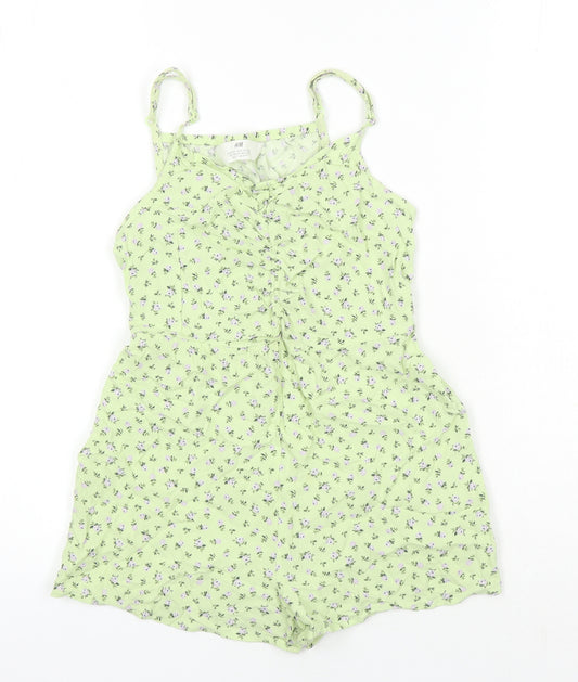 H&M Girls Green Floral Viscose Playsuit One-Piece Size 8-9 Years