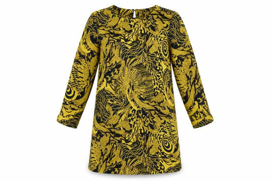Front view of H&M women’s multicoloured geometric polyester shift, size UK 8, round neck