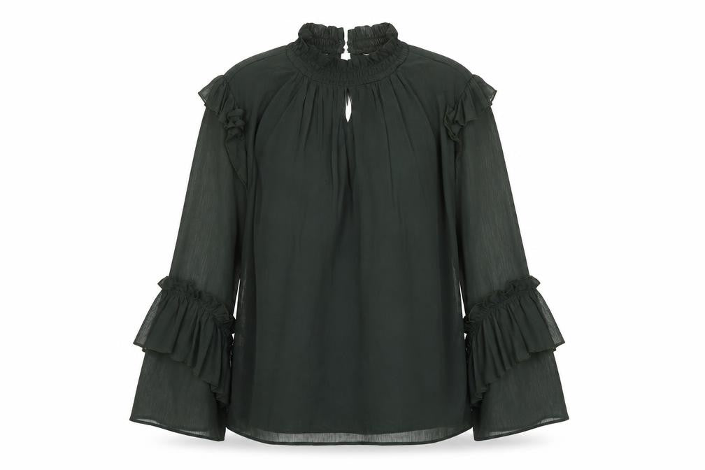 Front view of H&M women’s green herringbone polyester tunic blouse, size UK 40, collared
