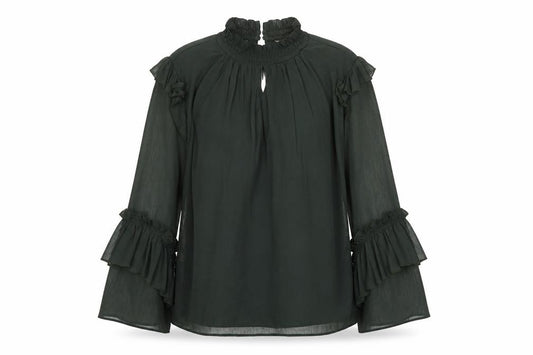 Front view of H&M women’s green herringbone polyester tunic blouse, size UK 40, collared