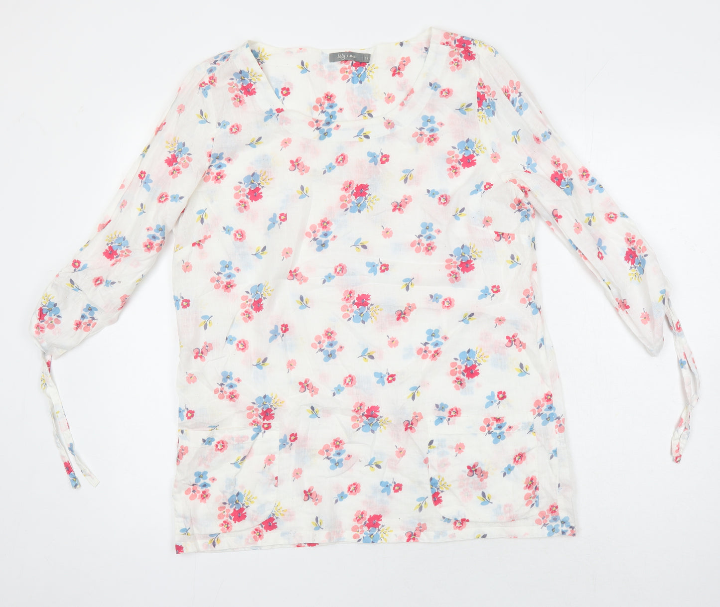 Lily & Me Womens Ivory Floral 100% Cotton Tunic Blouse Size 14 Scoop Neck