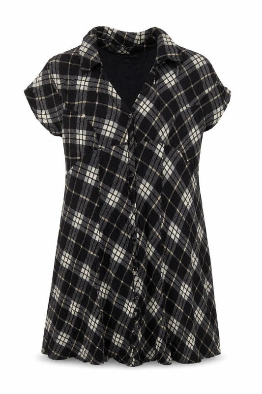 Front view of Urban Fitters women’s multicoloured check viscose tunic blouse, size XL, collared