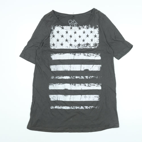 CHA SOR Mens Grey Cotton T-Shirt Size M Round Neck - American Flag Print