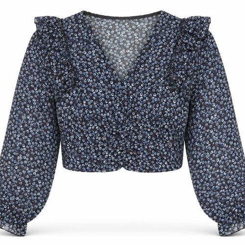 Crep Womens Blue Floral Polyester Cropped Blouse Size S V-Neck - Frill