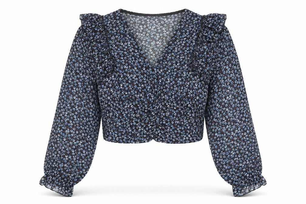 Crep Womens Blue Floral Polyester Cropped Blouse Size S V-Neck - Frill