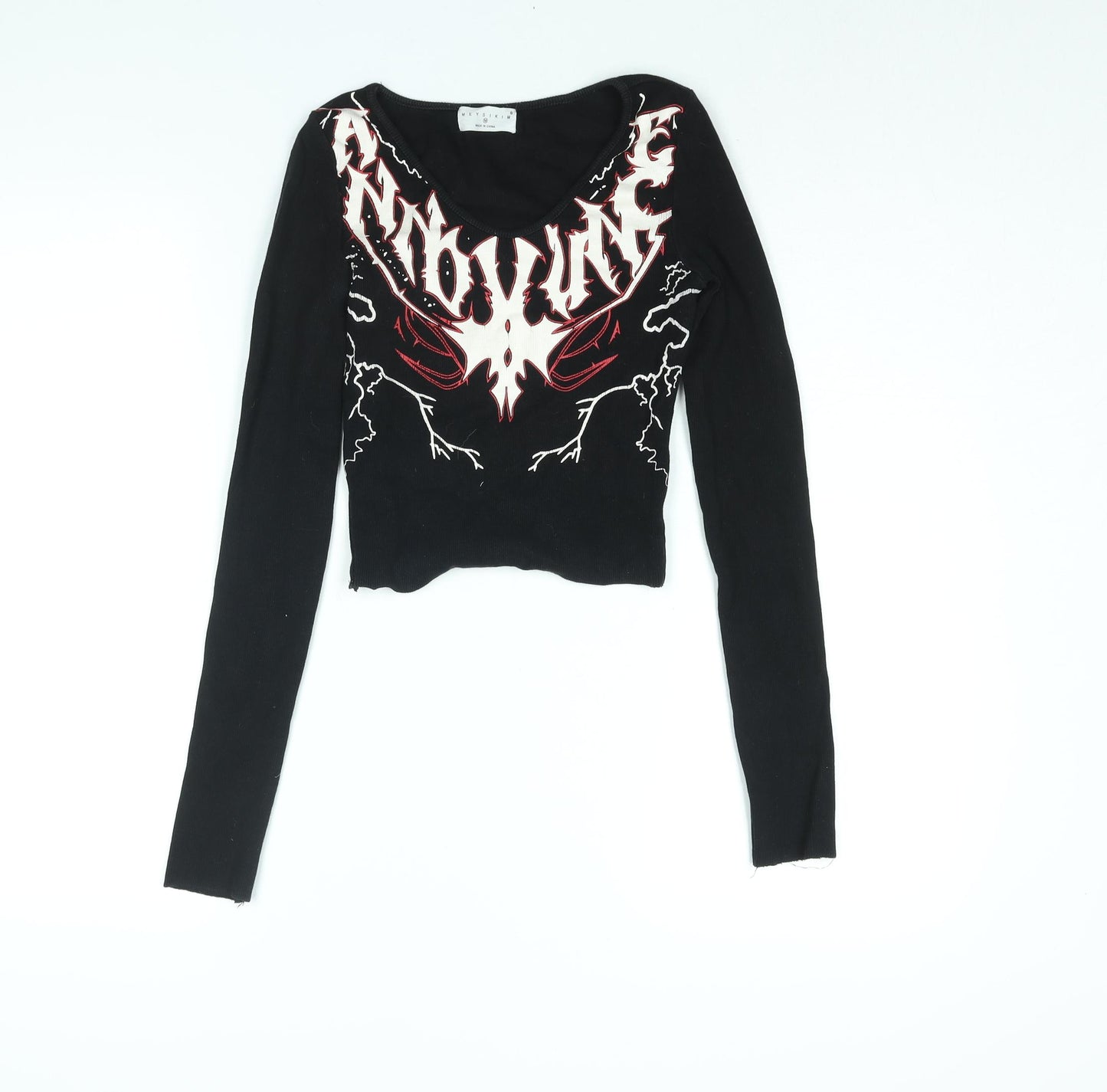 Mersikim Womens Black Cotton Basic T-Shirt Size M Round Neck - Tattoo Print