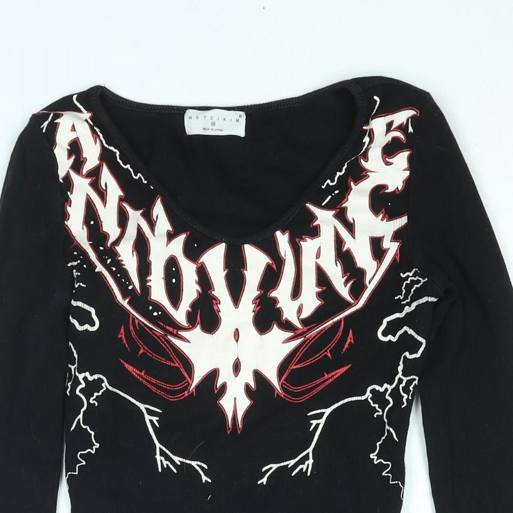 Mersikim Womens Black Cotton Basic T-Shirt Size M Round Neck - Tattoo Print