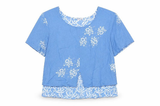 Front view of Atalis women’s blue geometric viscose basic blouse, size L, round neck - layered