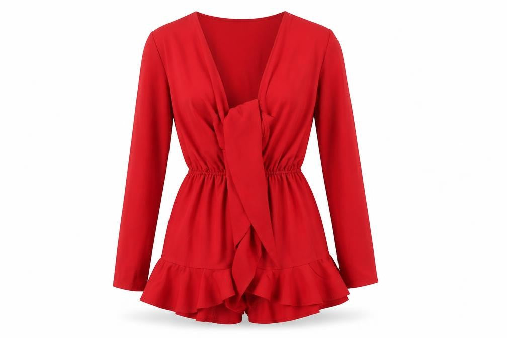 Front view of Glamorous women’s red polyester playsuit one-piece, size UK 6, pullover - frill tie detail