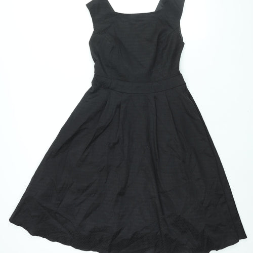 BHS Womens Black Geometric Cotton Fit & Flare Size 10 Square Neck Zip - Belted Tulle Hem