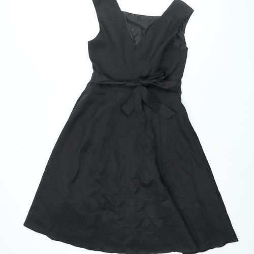 BHS Womens Black Geometric Cotton Fit & Flare Size 10 Square Neck Zip - Belted Tulle Hem
