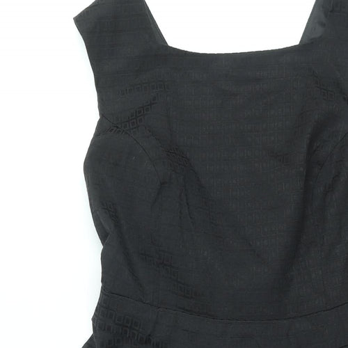 BHS Womens Black Geometric Cotton Fit & Flare Size 10 Square Neck Zip - Belted Tulle Hem
