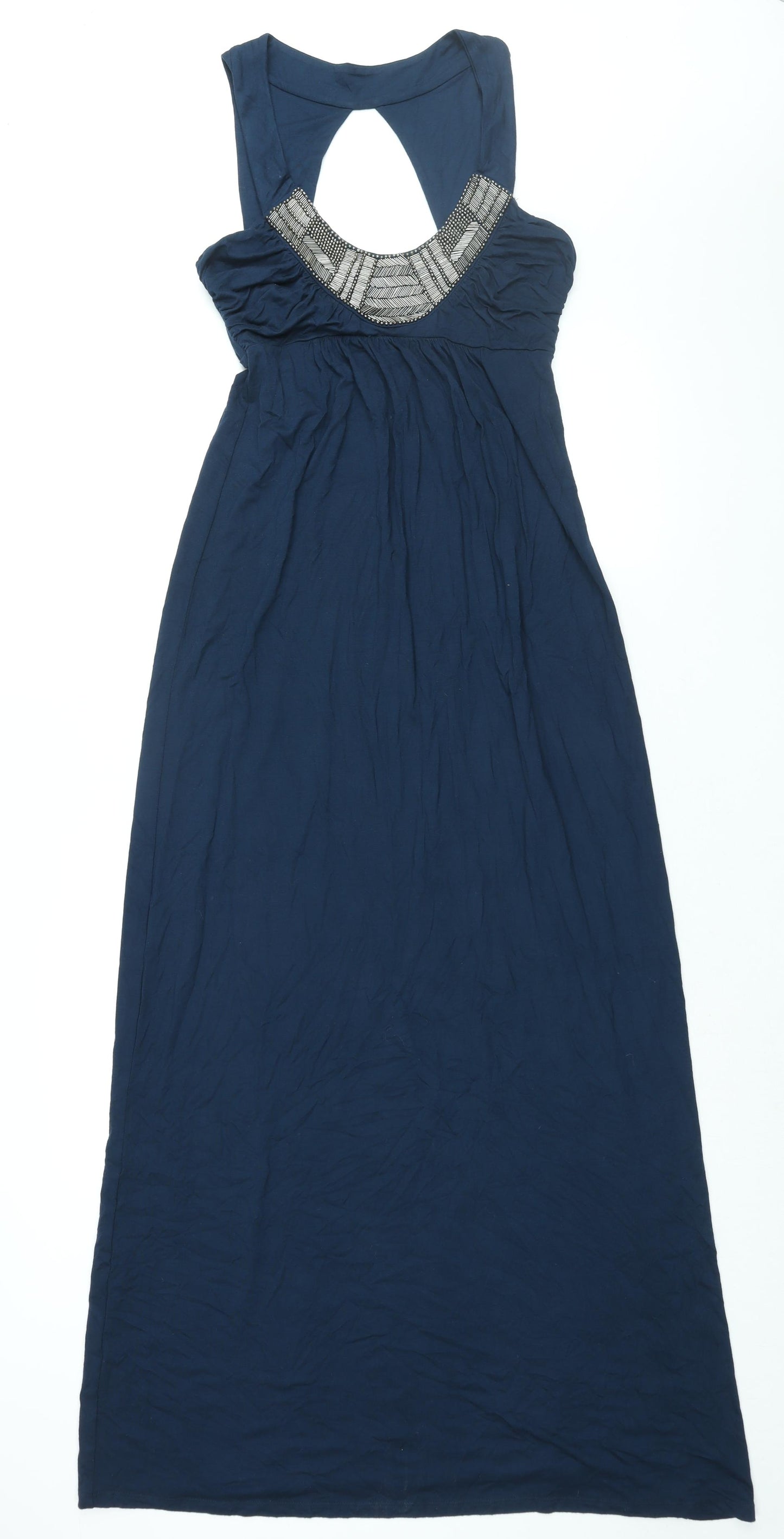 Warehouse Womens Blue Viscose Maxi Size 12 Scoop Neck Pullover - Beaded Neckline