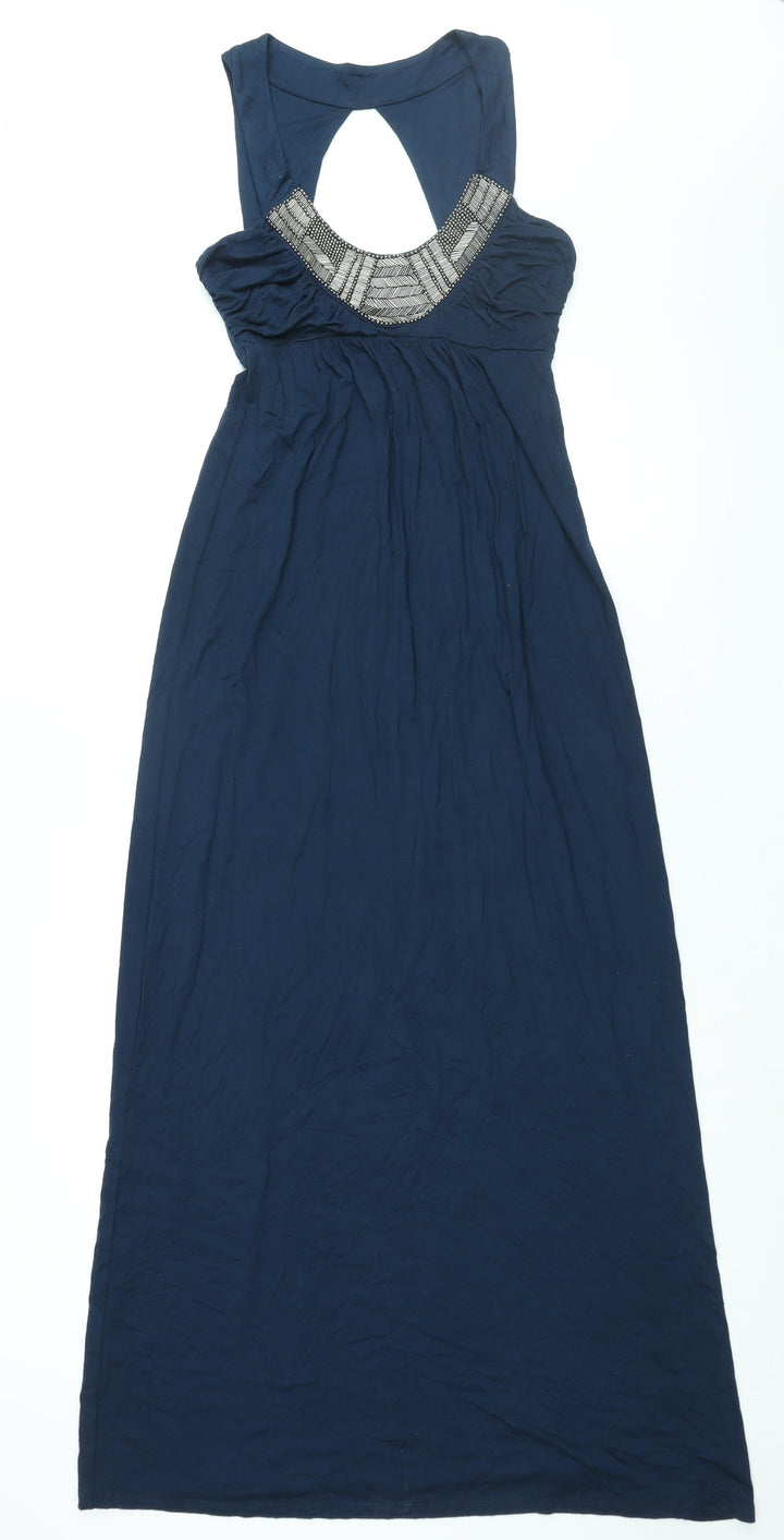 Warehouse Womens Blue Viscose Maxi Size 12 Scoop Neck Pullover - Beaded Neckline