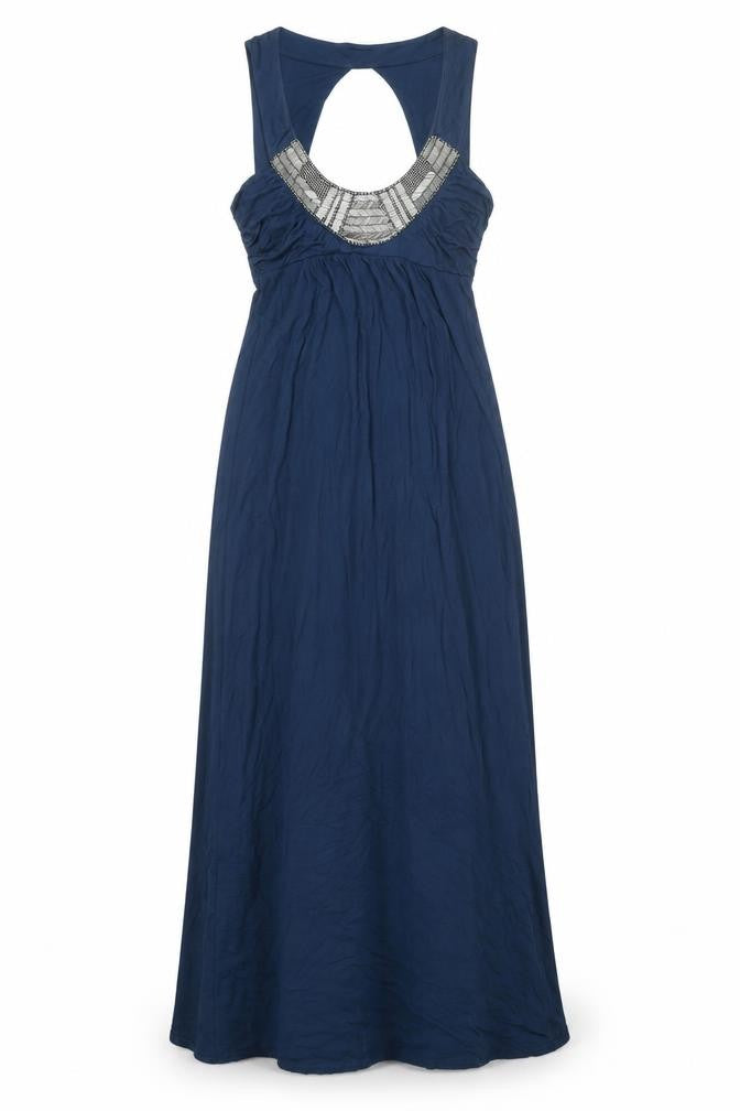 Front view of Warehouse women’s blue viscose maxi, size UK 12, scoop neck pullover - beaded neckline