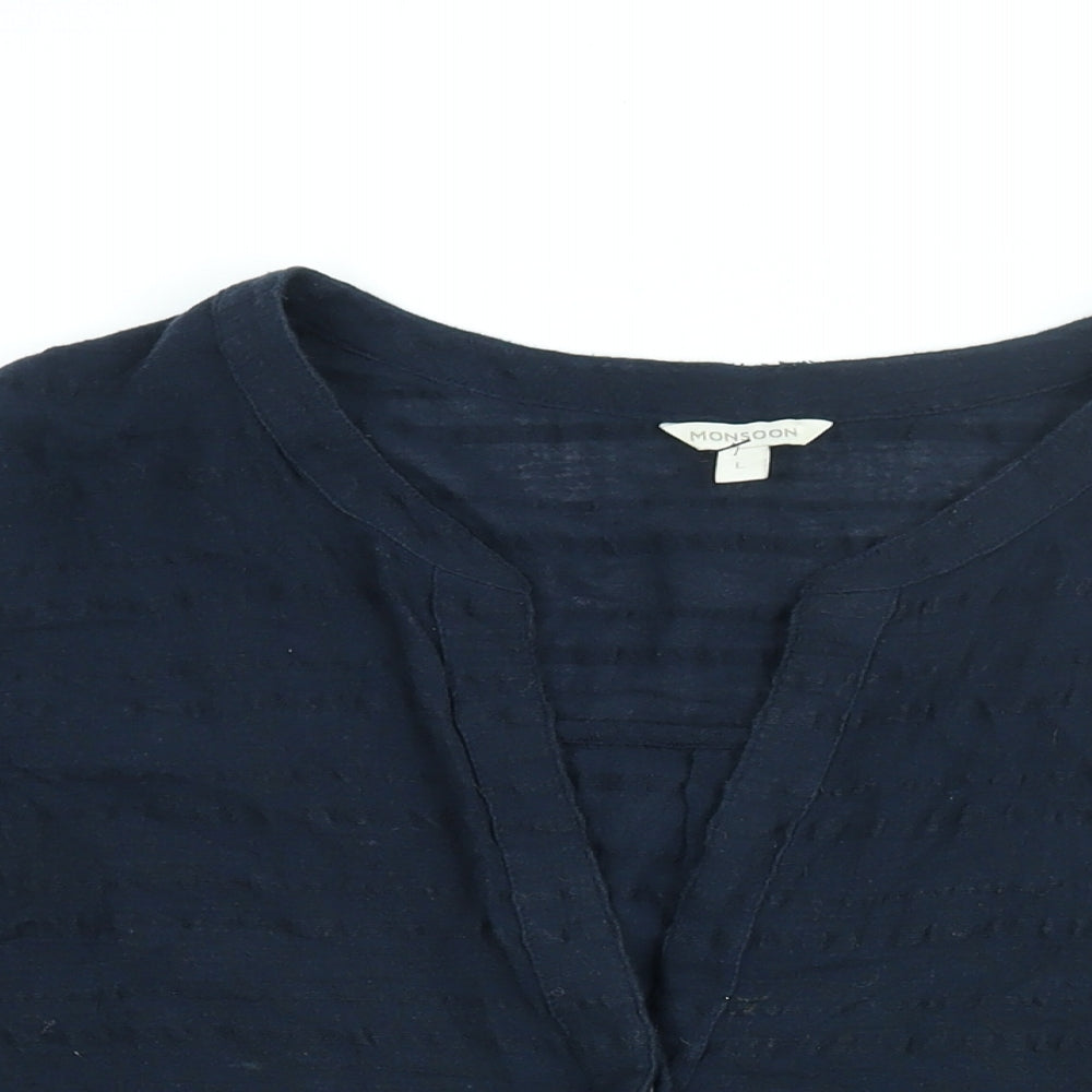 Monsoon Womens Blue Polyester Basic Blouse Size L V-Neck