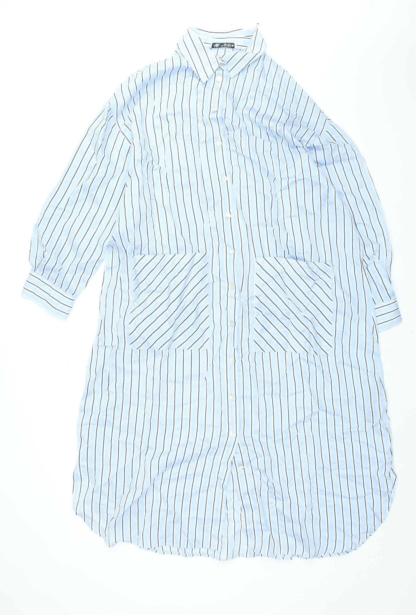 Zara Womens Blue Striped Lyocell Shirt Dress Size M Collared Button - Belted