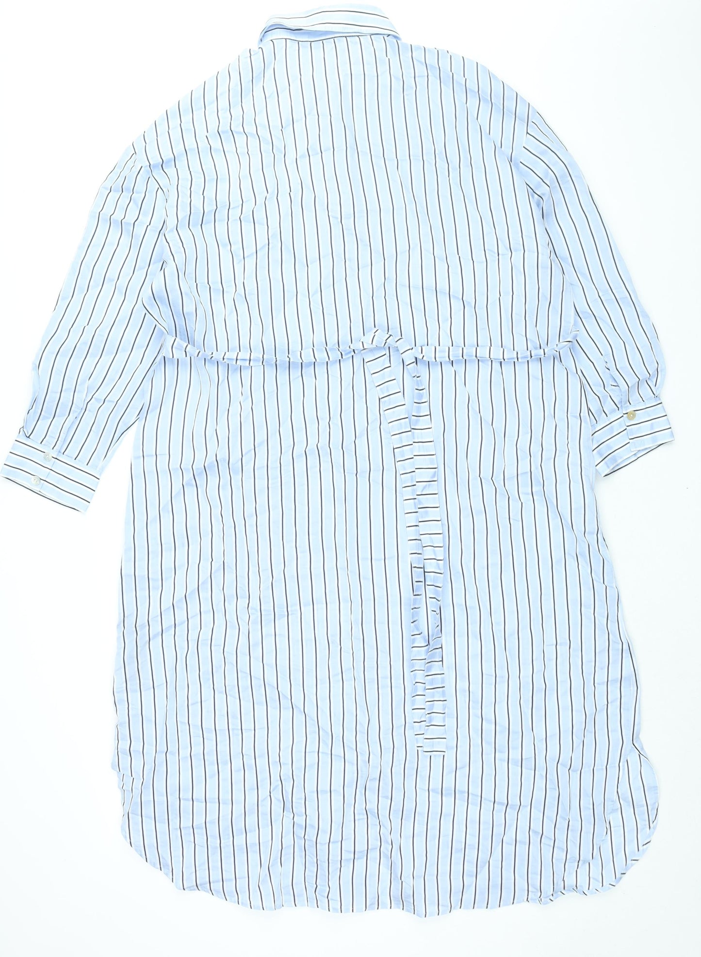 Zara Womens Blue Striped Lyocell Shirt Dress Size M Collared Button - Belted