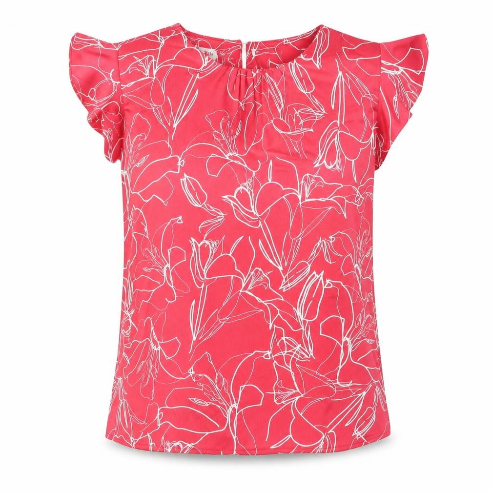 Front view of Damart women’s pink geometric polyester basic blouse, size UK 14, round neck