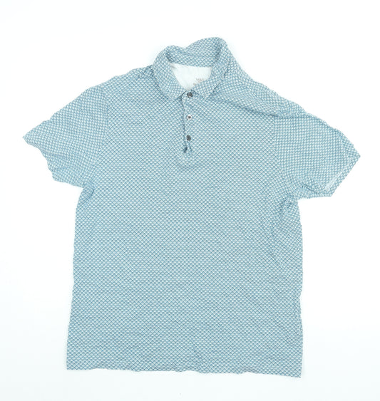 Marks and Spencer Mens Blue Geometric Cotton Polo Size M Collared Button