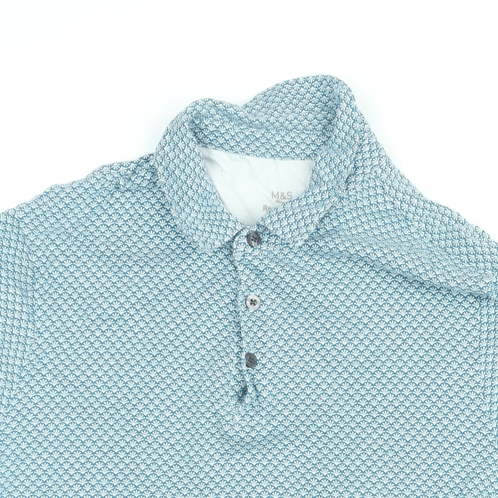 Marks and Spencer Mens Blue Geometric Cotton Polo Size M Collared Button