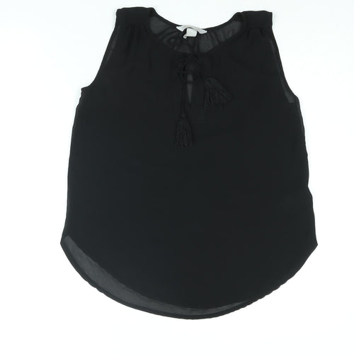 H&M Womens Black Polyester Camisole Blouse Size 6 Round Neck - Tassle Keyhole Neck