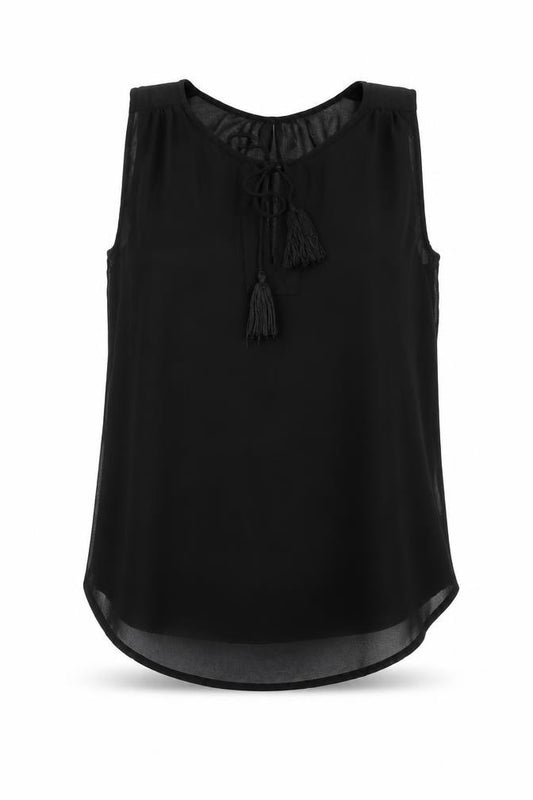 Front view of H&M women’s black polyester camisole blouse, size UK 6, round neck - tassle keyhole neck