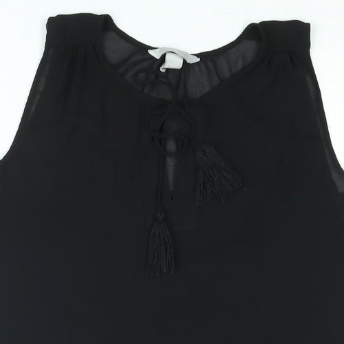 H&M Womens Black Polyester Camisole Blouse Size 6 Round Neck - Tassle Keyhole Neck