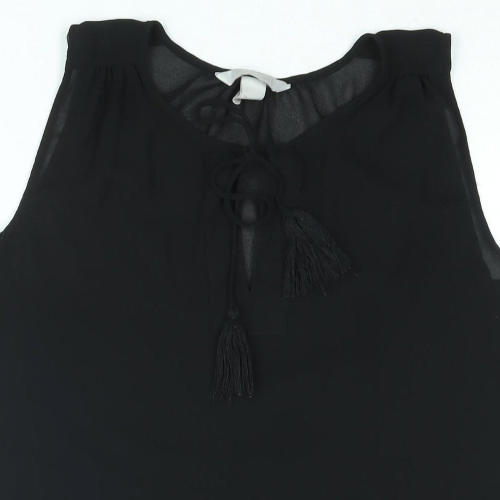 H&M Womens Black Polyester Camisole Blouse Size 6 Round Neck - Tassle Keyhole Neck