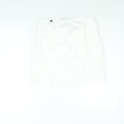 Berhska Womens White Cotton Mini Skirt Size M Zip - Ring Cut Out Emboidered