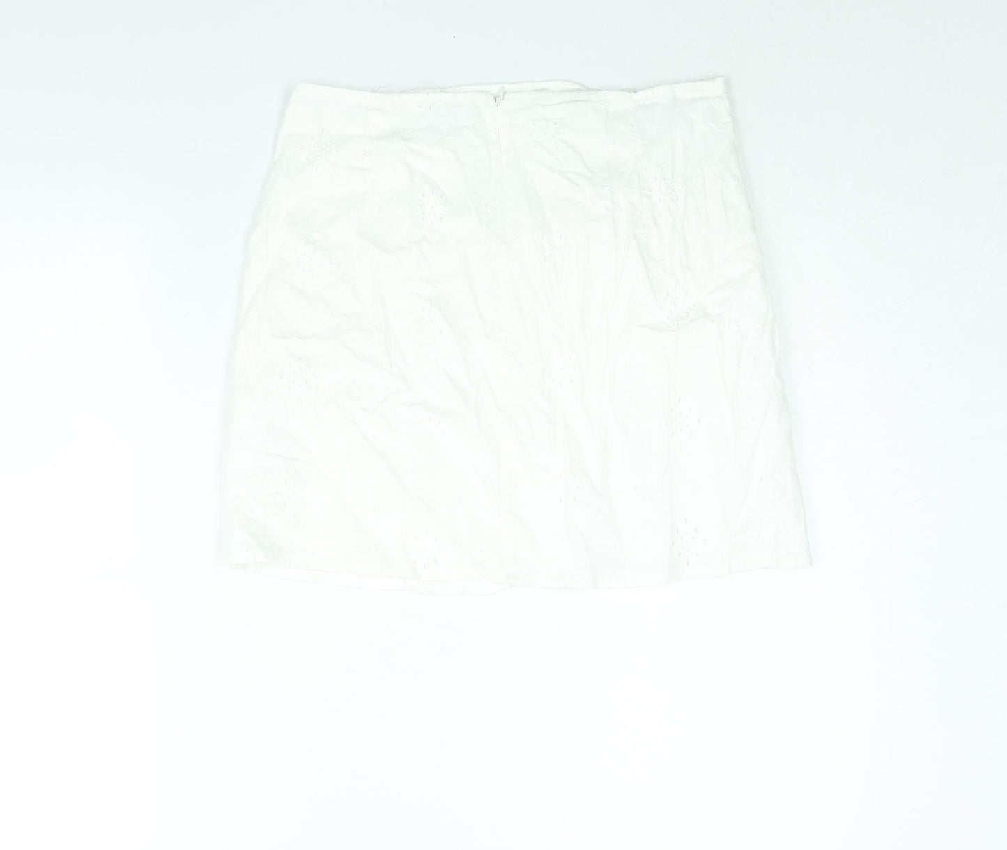 Berhska Womens White Cotton Mini Skirt Size M Zip - Ring Cut Out Emboidered